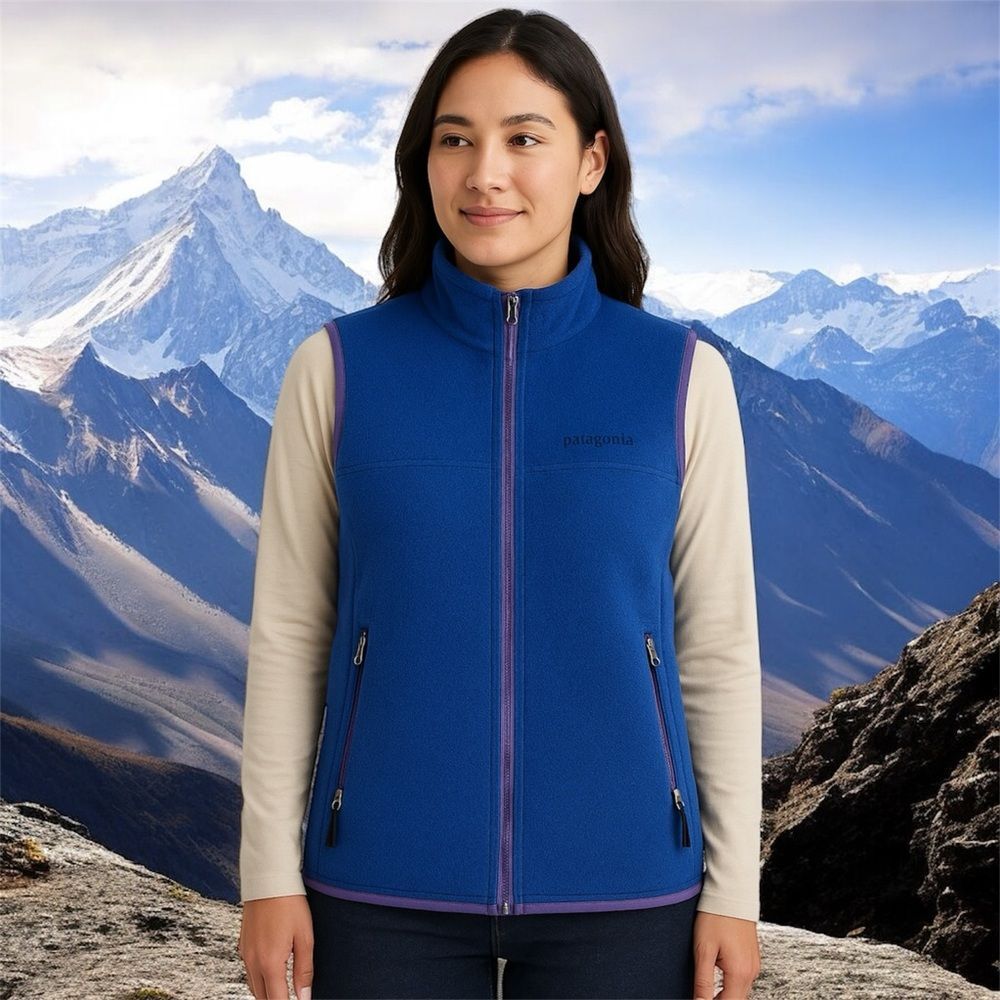 Patagonia Synchilla Fleece Vest Womens Small Blue Purple Trim Zip VTG USA Made
